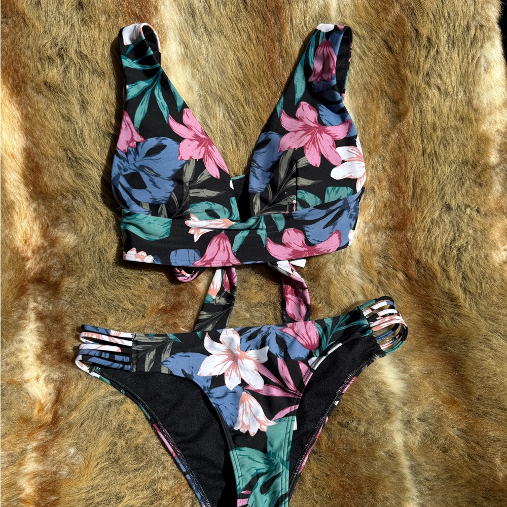 Hollister Black Floral Tie-Back Kids One-Piece Swimsuit with Pink & Blue Flowers